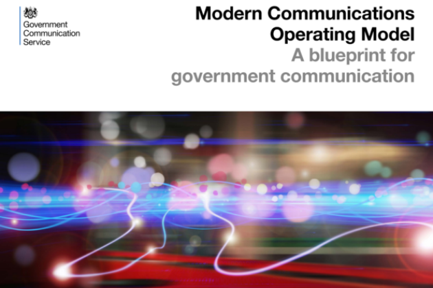 Front Cover of the Modern Communication Operating Model showing abstract lights, blue, pink, red on a black background.