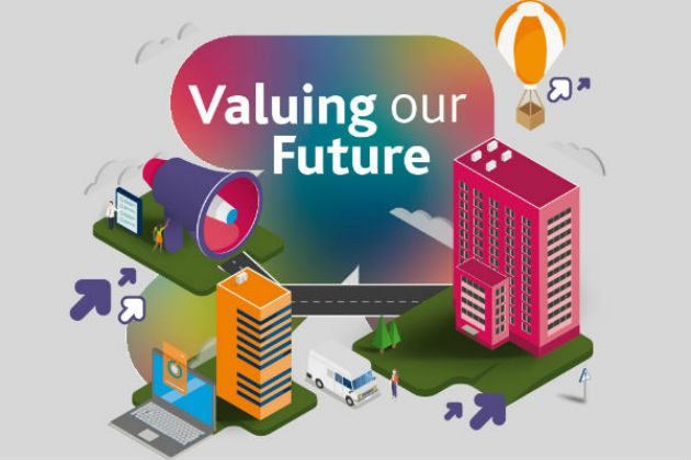 Abstract image about the future with pink and yellow building and purple arrow and white and yellow air balloon.