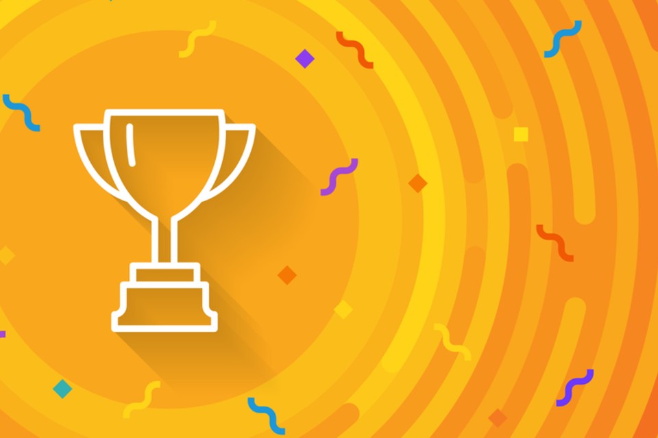 Graphic of a trophy to represent winning, golden background.