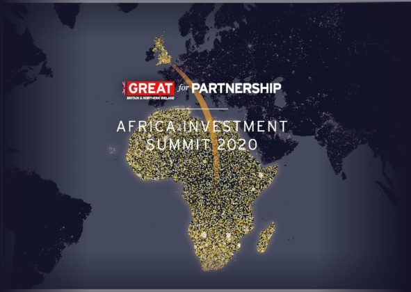 Image of the African continent with a line connecting it with the UK representing Africa Investment Summit 2020.