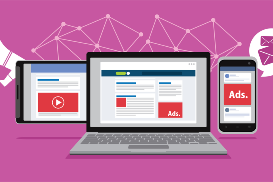 A graphic depicting use of social media on a laptop, mobile phone, and tablet.