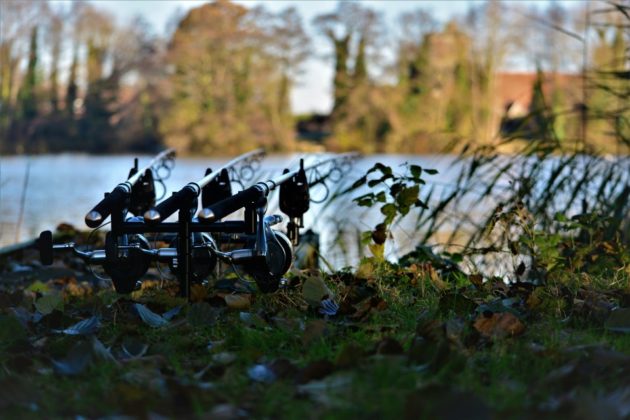 Three fishing rods on a grassy field near a bank of water.