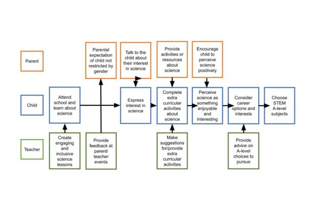 This diagram shows the interaction between the steps a schoolgirl might need to take before she chooses STEM A-level subjects (the same as in diagram 1) and actions of a parent and a teacher.

The four actions of a parent are: 1) Parental expectation of child not restricted by gender, 2) Talk to the child about their interest in science, 3) Provide activities or resources about science, 4) Encourage child to perceive science positively.

The four actions of a teacher are: 1) Create engaging and inclusive science lessons, 2) Provide feedback at parent/teacher events, 3) Make suggestions for/provide extra curricular activities, 4) Provide advice on A-level choices to pursue.
