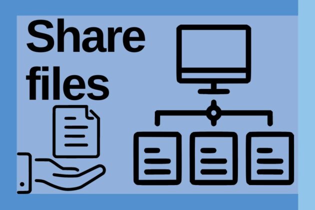Graphic of computer screen with multiple files and the text: Share files.