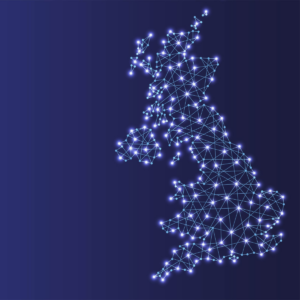 Map of the UK which has geometric design showing how the locations strategy links up communicators.