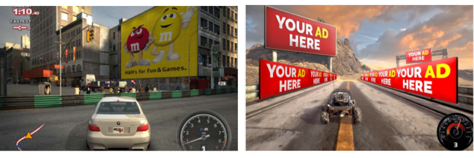 Image 1 - a car on the road in the foreground of a digital game. People and traffic lights in background. Large billboard advert for M&Ms on the side of a building within the game environment
Image 2 - a car on the road of a digital game. On either side of the road, billboards saying ‘Your ad here’ to show how advertisers can promote their products in gaming environments.