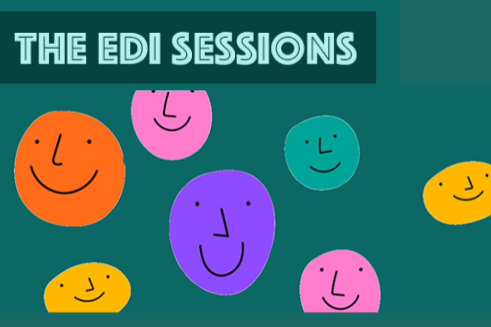 Colourful smiley faces on a green background. Text reads: The EDI Sessions.