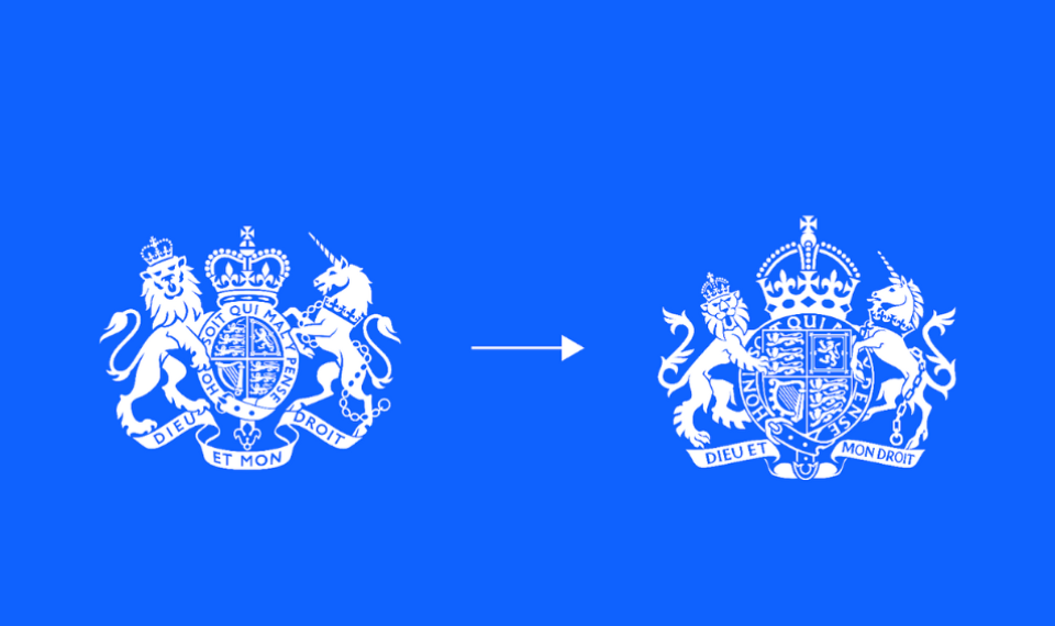 The old Coat of Arms on the left in white against a blue background, on the right is the new Coat of Arms.