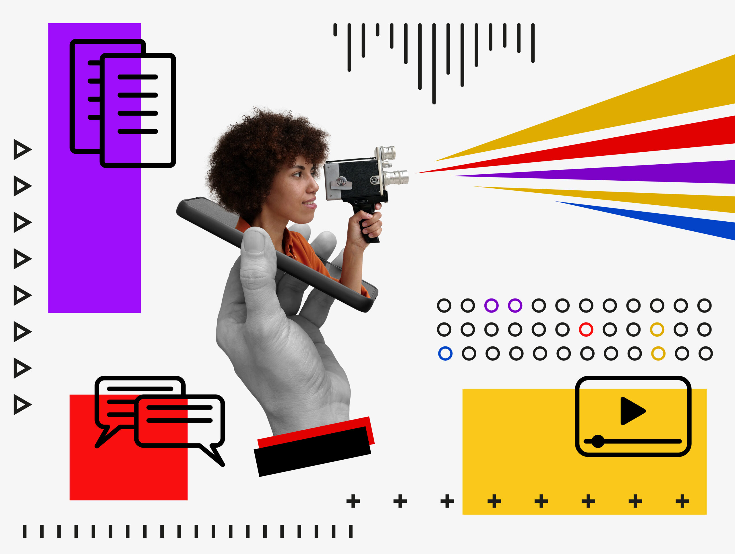 Collage of hand with a smartphone and a girl with a camera as a symbol of making content.