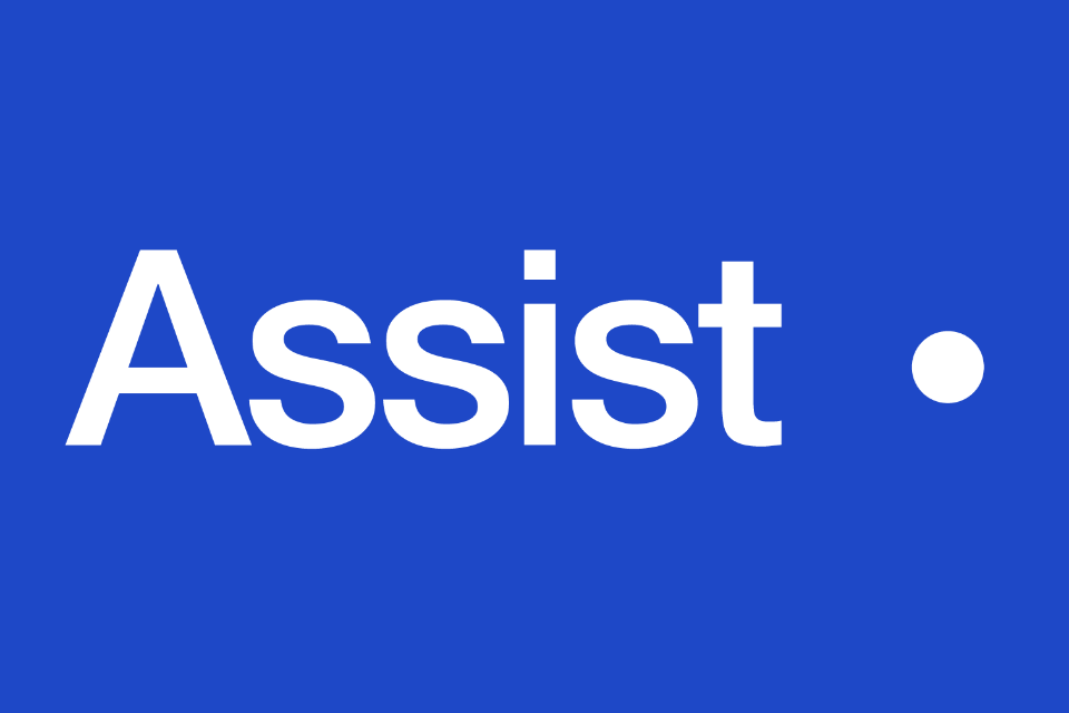 Assist logo in white font on a blue background