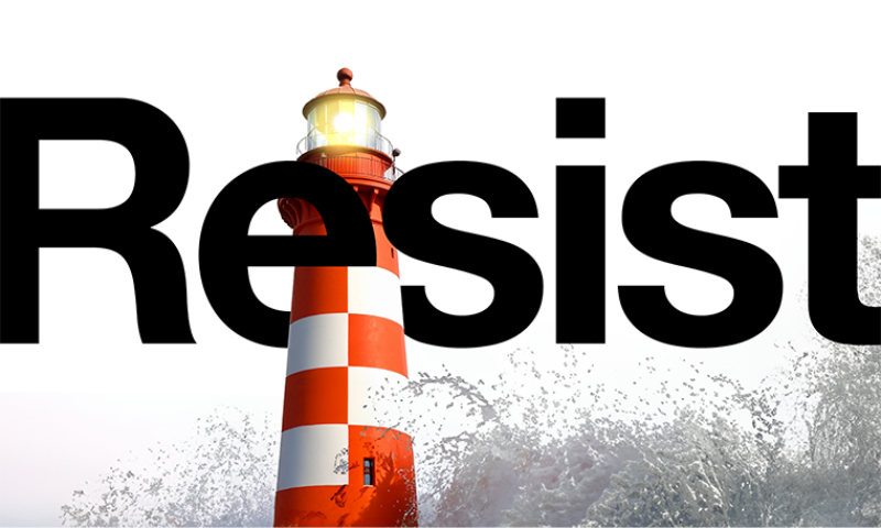White background with red and white lighthouse and space of waves with the word Resist through the lighthouse