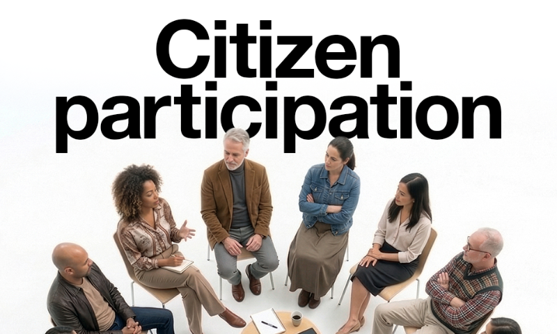 Group of four people sitting on chairs in a semi circle on a white background with the words Citizen participation