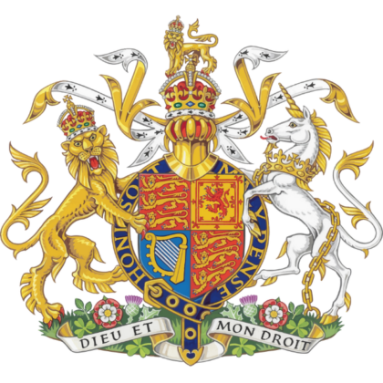 The Royal Coat of Arms of the United Kingdom, featuring a crowned lion on the left and a chained unicorn on the right supporting a central shield divided into four quarters. The shield contains the symbols of England, Scotland, and Ireland, encircled by the Garter, and sits above a scroll bearing the motto 'Dieu et mon droit'