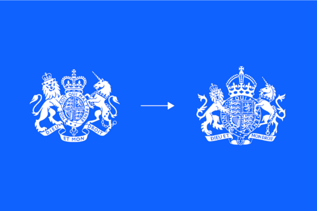The old Coat of Arms on the left in white against a blue background, on the right is the new Coat of Arms.
