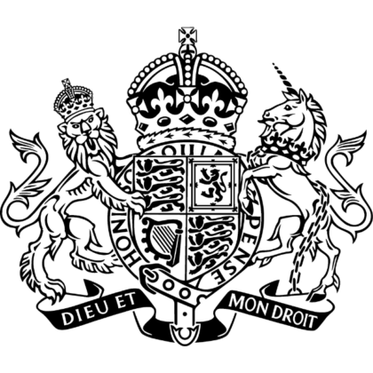 The Royal Coat of Arms of the United Kingdom, featuring a crowned lion on the left and a chained unicorn on the right supporting a central shield divided into four quarters. The shield contains the symbols of England, Scotland, and Ireland, encircled by the Garter, and sits above a scroll bearing the motto 'Dieu et mon droit'. This is in black and white.