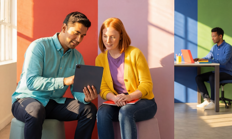 Two people sit side by side and look at a tablet together. Behind them is another person working on a laptop. The wall behind them has painted colourful stripes in red, pink, blue and green.