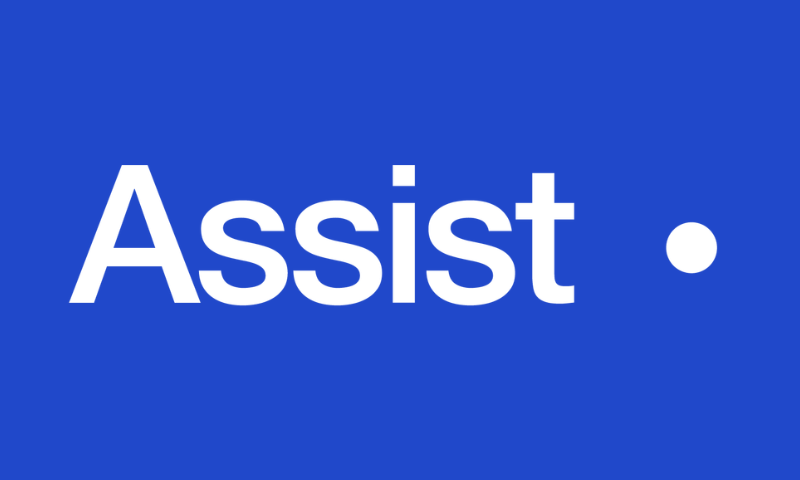 Assist logo in white font on a blue background.