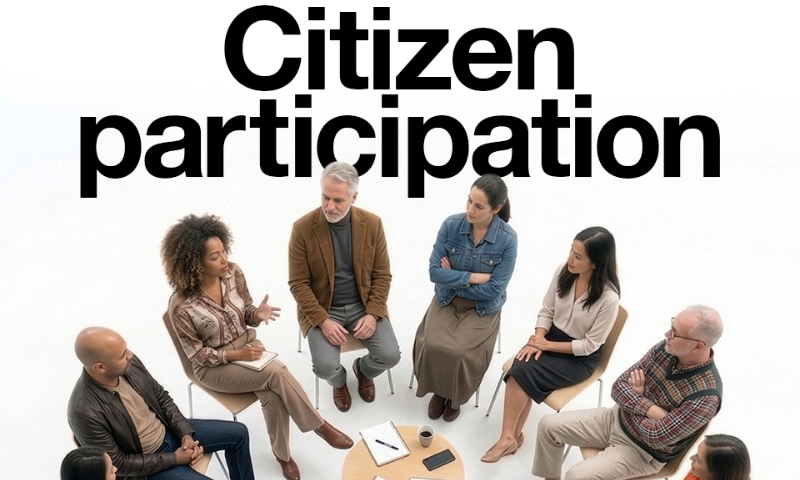 A group of eight people sitting around a small table on a white background, with the words 'Citizen participation' in black font at the top of the image.