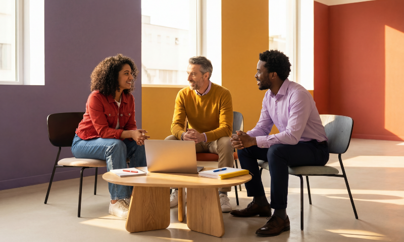 Three people sit together having a conversation.