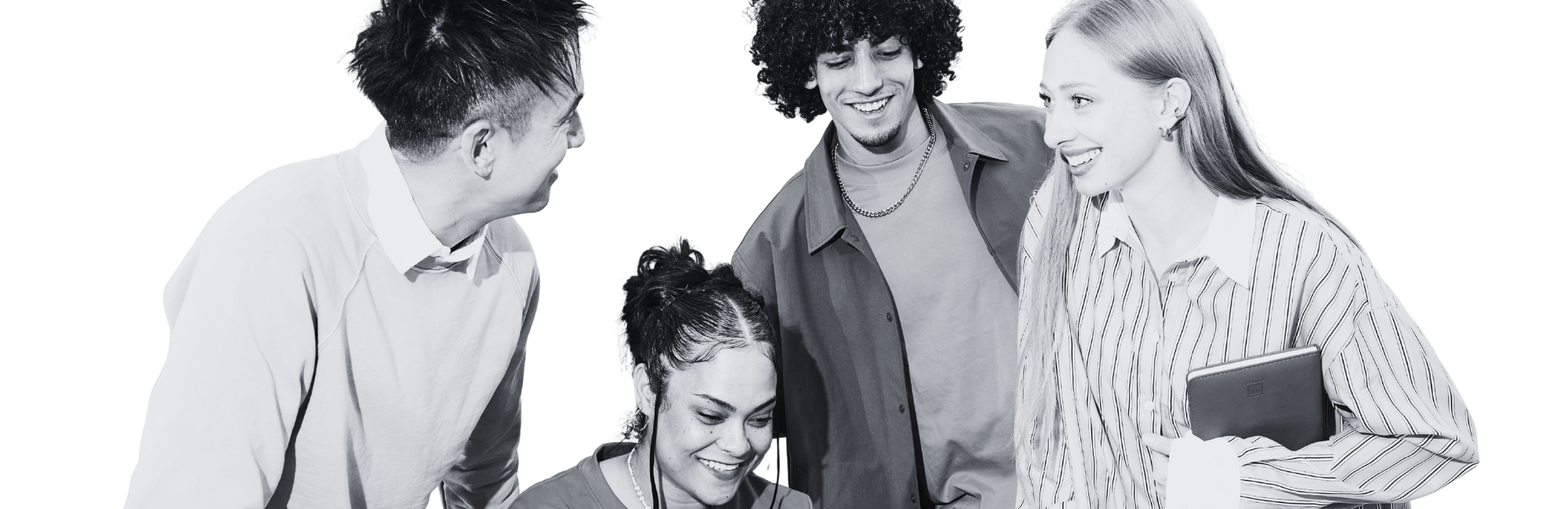 A black and white cut out image on a white background of a group of four people, three are standing and one is sitting.