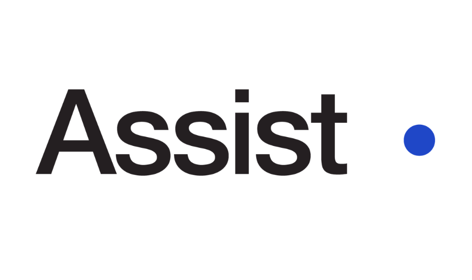 Assist logo, black text on white background with blue dot