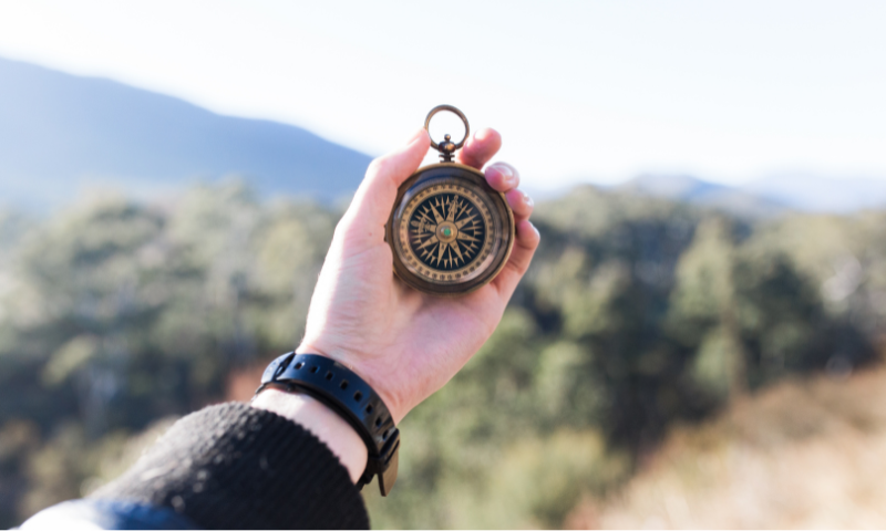 A person holds a compass.