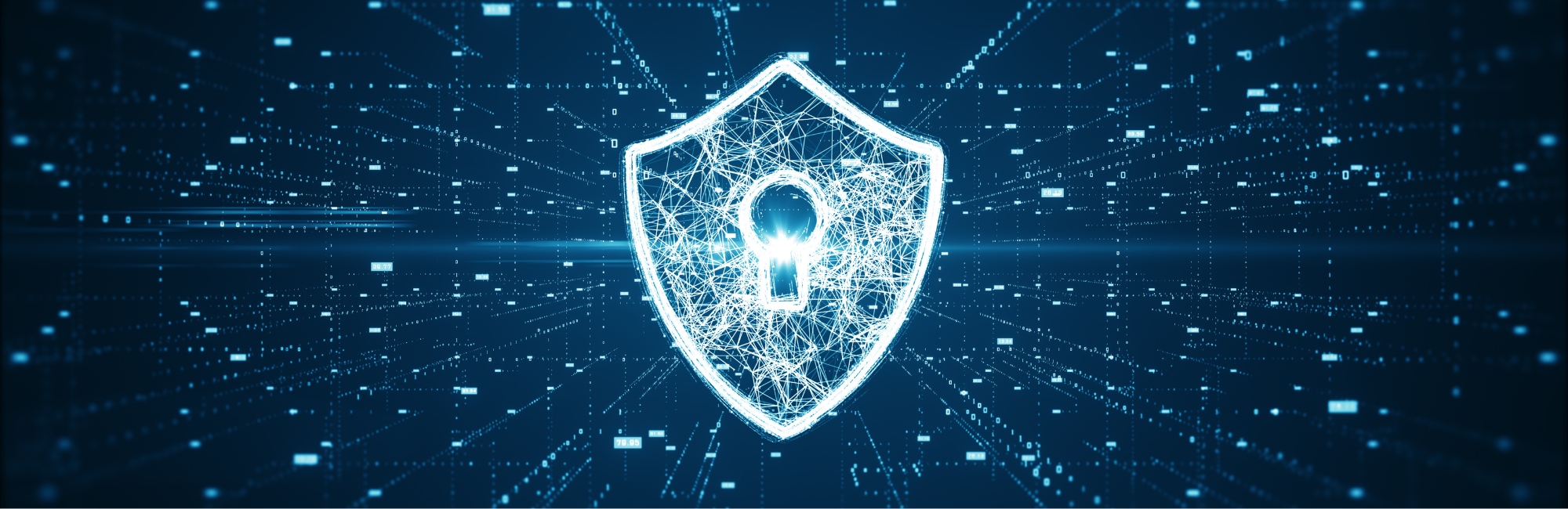 A white padlock icon in a mesh or grid style, set against a blue background, with data connection lines extending across the image.