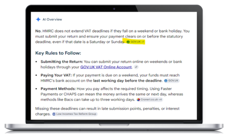 Laptop screen displaying a Google AI Overview search result. The headline text reads: 'No. HMRC does not extend VAT deadlines if they fall on a weekend or bank holiday. You must submit your return and ensure your payment clears on or before the statutory deadline, even if that date is a Saturday or Sunday.' Below the headline, a bulleted section titled 'Key Rules to Follow' includes: 'Submitting the Return: You can submit your return online on weekends or bank holidays through your GOV.UK VAT Online Account', 'Paying Your VAT: If your payment is due on a weekend, your funds must reach HMRC's bank account on the last working day before the deadline', and 'Payment Methods: How you pay affects the required timing.' After the bulleted section and at the bottom of the screen is a single line that reads ‘Missing these deadlines can result in late submission points, penalties, or interest charges.’